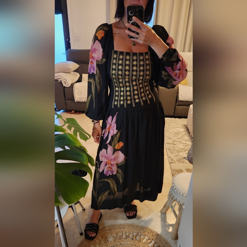 FARM Rio Floral Long Sleeve Midi Dress